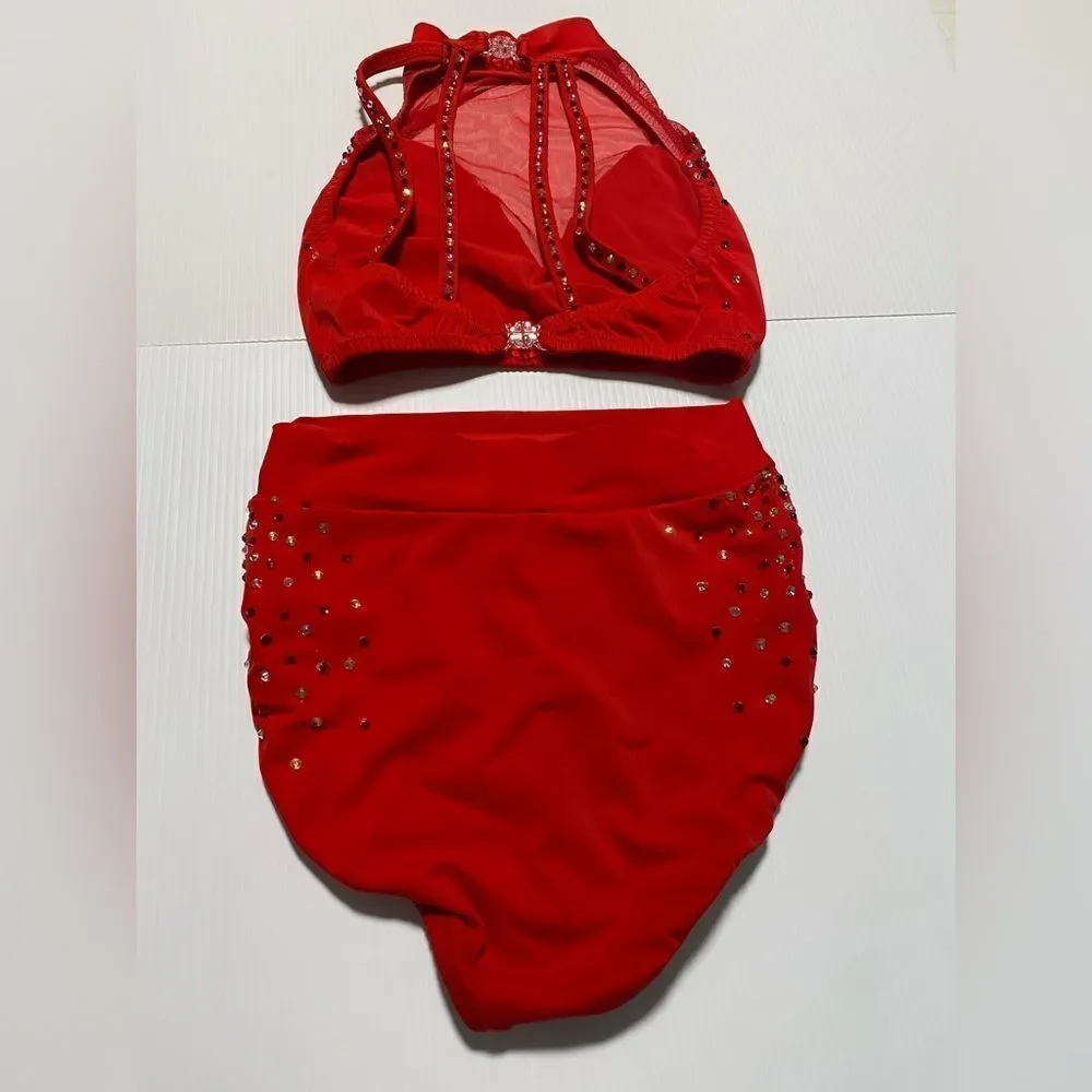 Custom dance solo costume red 2 piece rhinestoned illusion bling XSA adult